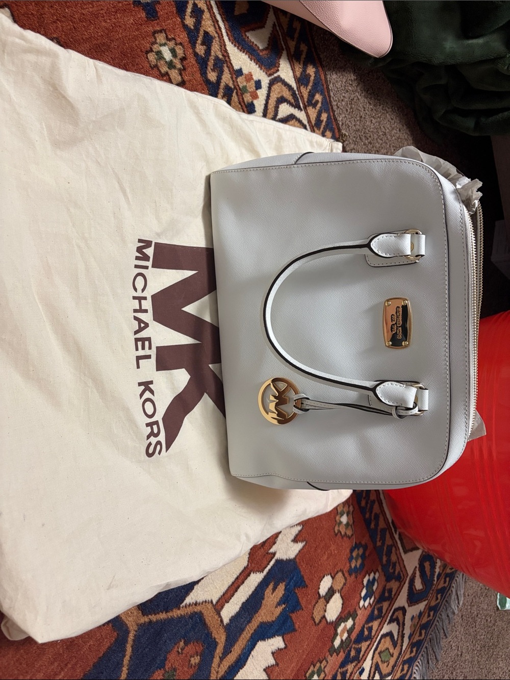 Michael Kors Light Gray Saffiano Leather Dome Satchel with Gold Hardware